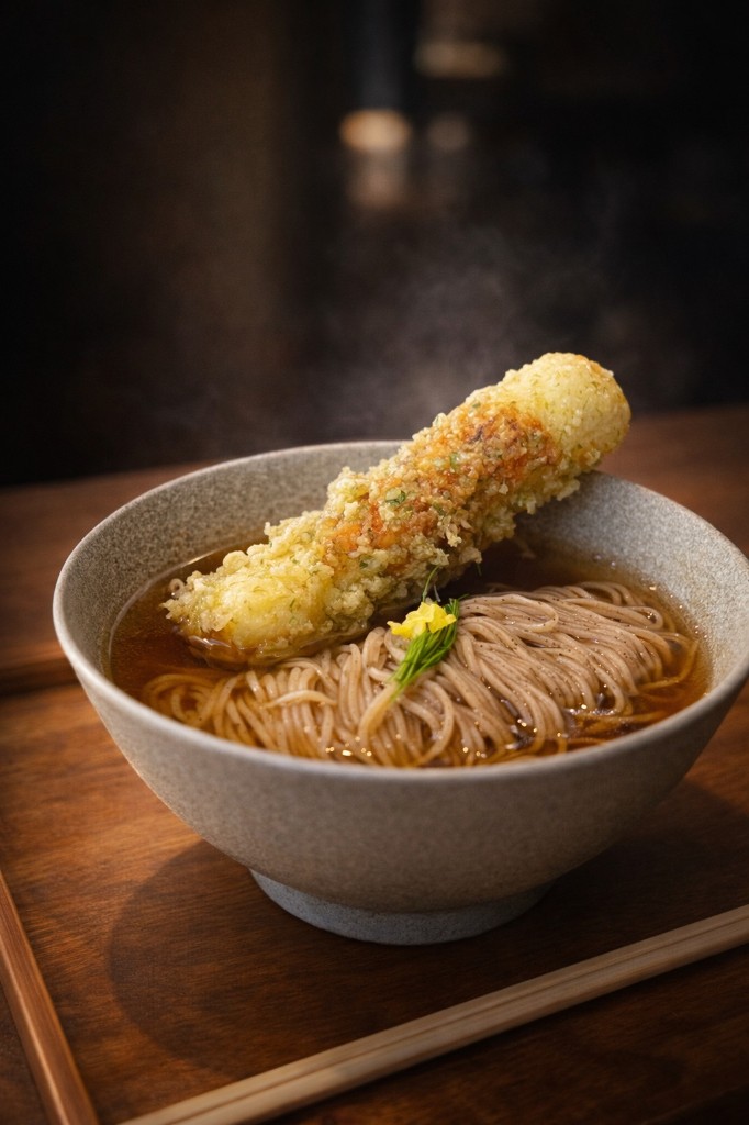 揚げたて天ぷらをのせたそば